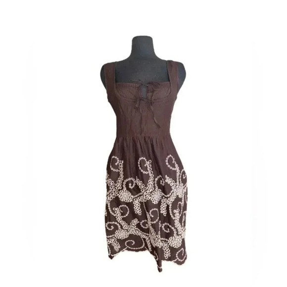 Tocca Brown Embroidered Midi Dress Tie Front | 4 - Picture 1 of 5
